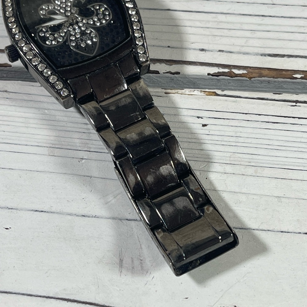 *NEW BATTERY* BKE watch fleur-de-lis Lily Saints Rhinestone Gunmetal Black Steel - Picture 8 of 12